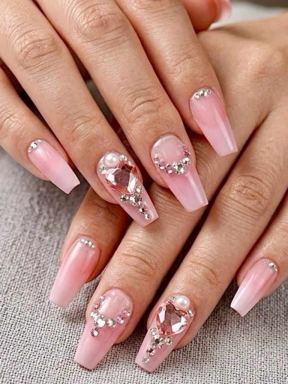 Pink Crystal Accent Long Coffin Nails - Women Makeup